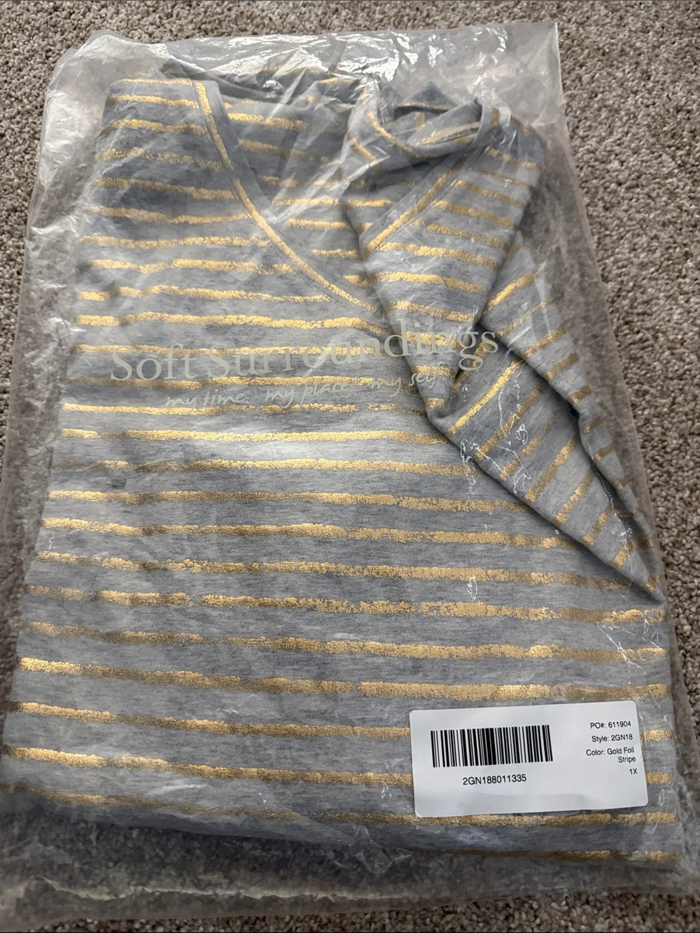 Soft Surroundings Gray and Gold Striped V-Neck Sweater Top